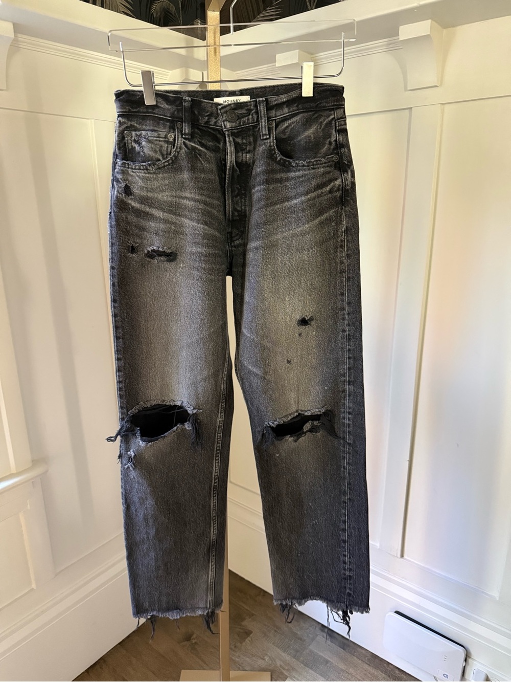 Moussy Washed Black Distressed Straight-Leg Jeans